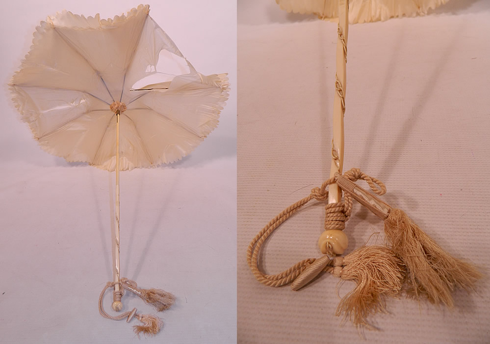 Victorian Cream Silk Carved Chain Link Wrapped Handle Parasol Tassel Trim
This pretty parasol has cream silk rope tassel trim wrapped and hanging down from the bottom.
