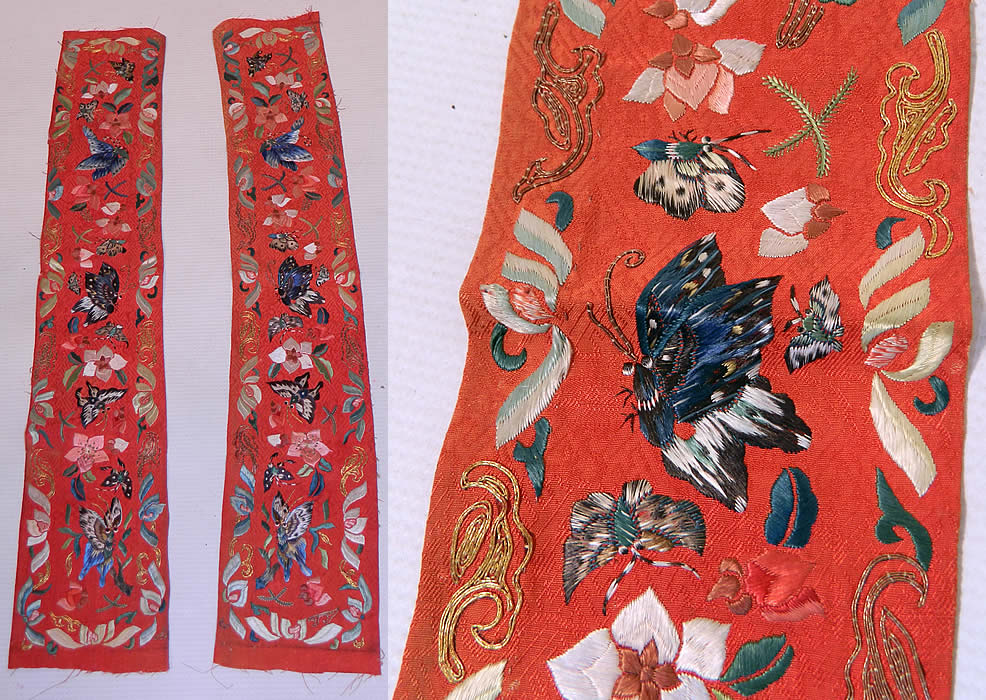 Antique Chinese Red Silk Butterfly Embroidered Wedding Robe Sleeve Band Cuff Pair
This pair of antique Chinese red silk butterfly embroidered wedding robe sleeve band cuffs date from the late 19th century during the Qing Dynasty. They are hand stitched, made of a red silk damask weave fabric with a swastika symbol pattern representing longevity. 