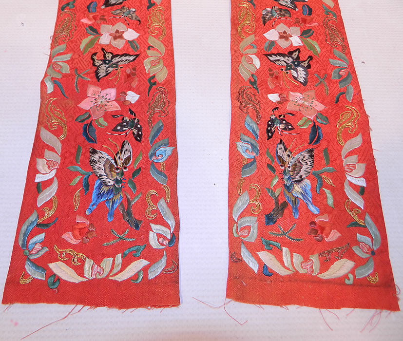 Antique Chinese Red Silk Butterfly Embroidered Wedding Robe Sleeve Band Cuff Pair
There is colorful silk raised padded satin stitch hand embroidery work and gold thread couching work done in a floral butterfly design representing love and affection. This matching pair of long embroidered silk band trim would have been used on a Manchu wedding robe sleeve cuff for added decoration and symbolism.