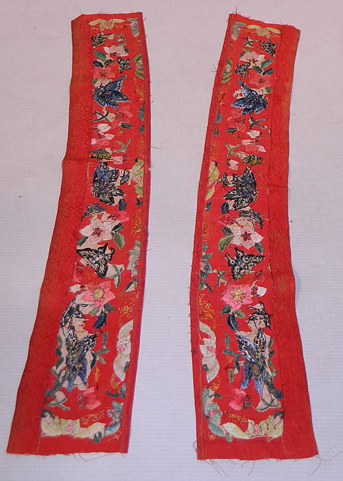 Antique Chinese Red Silk Butterfly Embroidered Wedding Robe Sleeve Band Cuff Pair
Each band measures 20 inches long and 3 1/2 inches wide. They are in good condition. This is truly a wonderful piece of antique Chinese textile art!