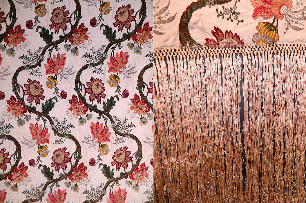 Antique 18th Century Style Silk Chenille Brocade Jacobean Fringed Shawl Throw
It is made of an off white cream color silk damask weave brocade fabric, with a colorful chenille floral vine leaf tree of life Jacobean style 18th century inspired design and gold, silver metallic lamé threads woven throughout for accent details. 