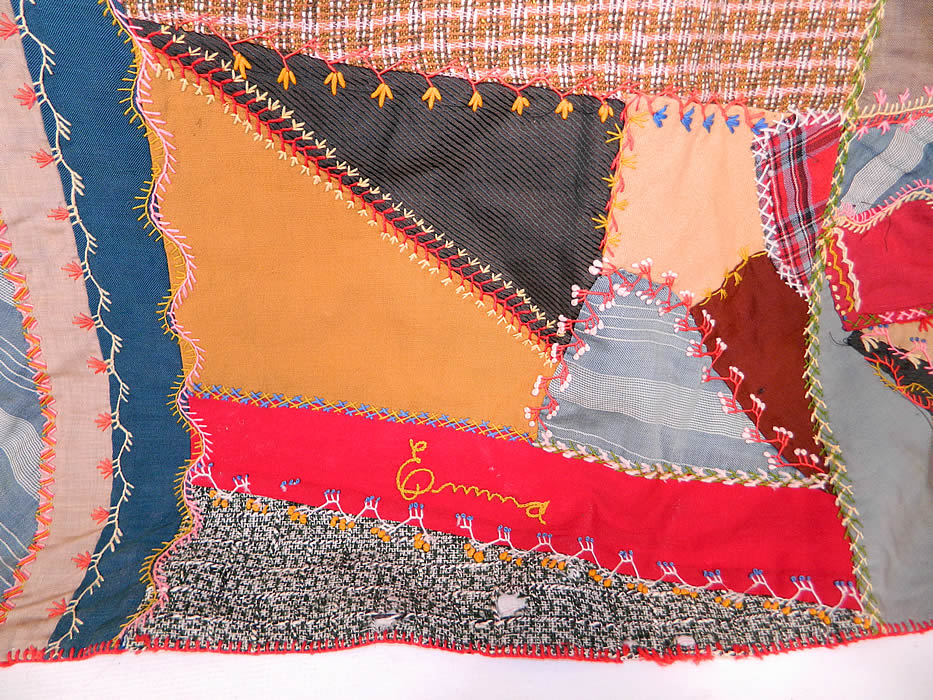 Victorian Antique Worsted Wool Embroidered Needlework Crazy Quilt
This amazing crazy quilt has a fan design in one square, embroidered flowers, a butterfly and several autographed names which were perhaps the creators of the quilt. 