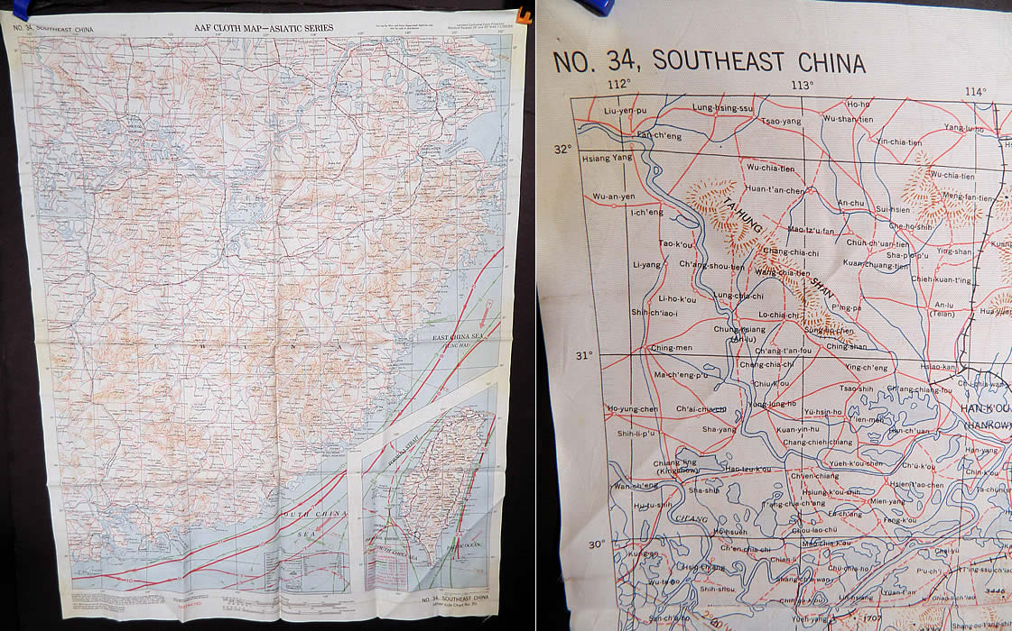 Vintage 1943 WWII Silk AAF Cloth Map Asiatic Series Southeast Northeast China
This vintage WWII silk AAF cloth map Asiatic Series Southeast, Northeast China dates from 1943.