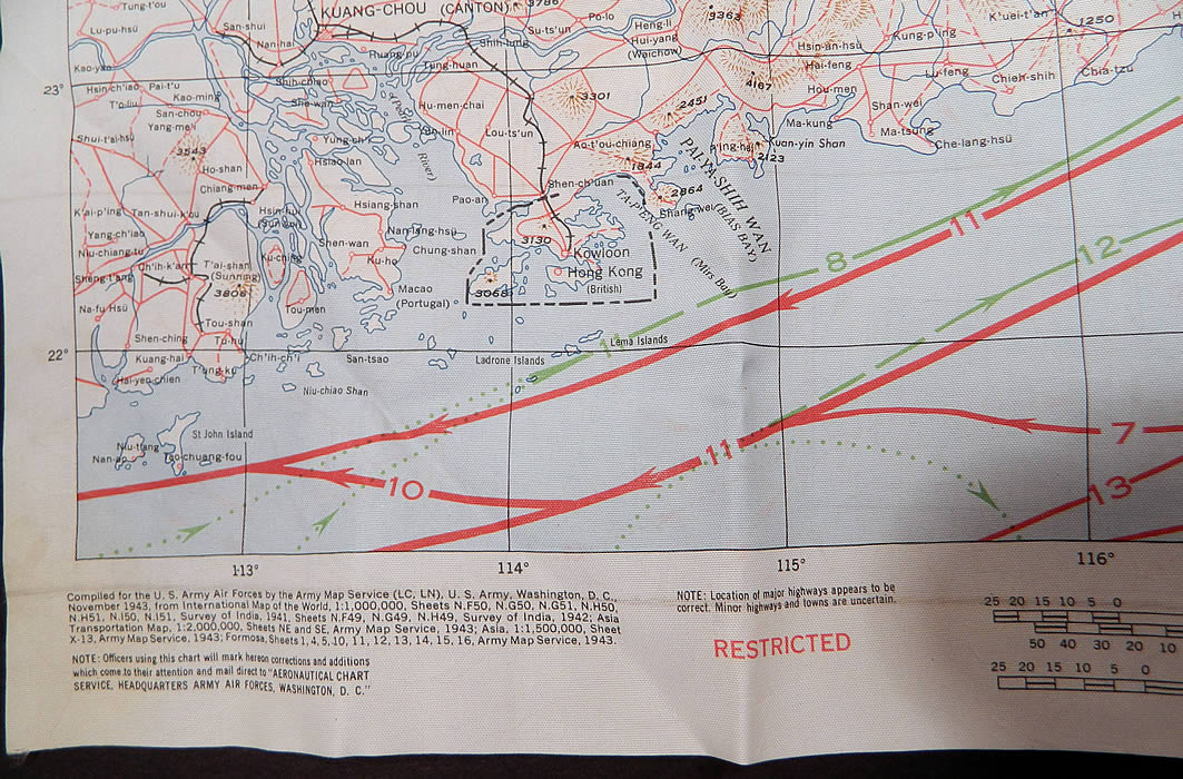 Vintage 1943 WWII Silk AAF Cloth Map Asiatic Series Southeast Northeast China
