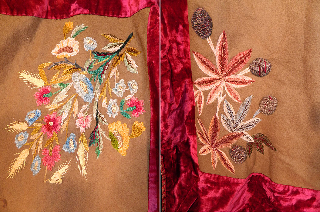 Victorian Antique Wool Velvet Chenille Embroidered Ribbonwork Bedspread Blanket
This beautiful bedspread blanket has a floral wheat wreath design embroidered in the center and varying bouquets of three dimensional rosette flowers done in each corner, with a grape leaf, raised gold thread wrapped fruit.