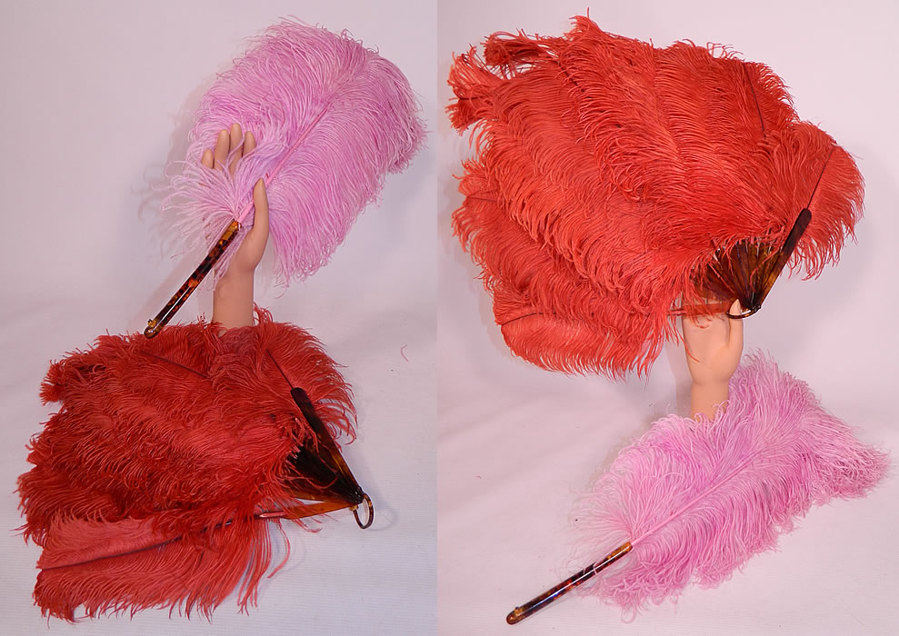Vintage Art Deco Red & Pink Ostrich Feather Folding Fixed Flapper Fans
This vintage Art Deco red and pink ostrich feather folding fixed flapper fans dates from the 1920s. Included are two fans; one is made of a single large fluffy pastel pinkish purple lilac color dyed ostrich feather plume. This beautiful boudoir fixed fan has a faux tortoise shell handle and is missing the bottom loop which has broken off.
