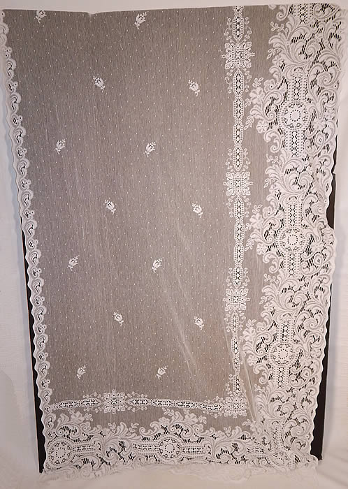 Vintage Antique White Lace Net Octagram Drapery Curtain Panel Pair 100x57
It is made of a white sheer cotton net mesh fabric, with tiny swiss dots, flowers, octagram eight sided stars and fancy decorative rococo lace pattern designs.
