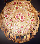 Antique Matyo Hungarian Folk Embroidery Pink Floral Fringe Round Tablecloth
