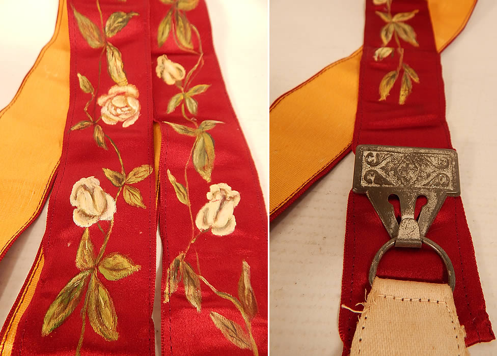 Victorian Red Silk Hand Painted White Rosebud Roses Suspenders Braces
The suspenders measure 38 inches long and are 1 1/2 inches wide. These beautiful braces suspenders are in good condition, with only a few tiny pin holes on the yellow lining backing. This is truly a wonderful piece of men's Victoriana wearable textile art!