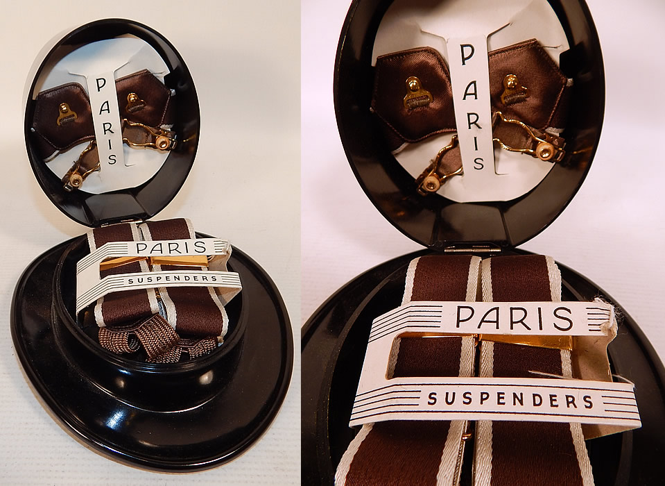 Vintage Paris Top Hat Box Never Used Mens Sock Garters & Suspenders Braces
These never used vintage Paris top hat box gentleman's sock garters and suspenders braces date from the 1920s.