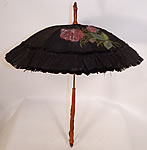 Victorian Black Silk Hand Painted Roses Grape Leaf Wood Carved Handle Parasol

