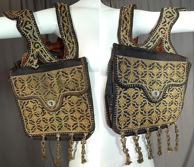 Moroccan Antique Gold Metallic Embroidered Double Saddle Messenger Bag
This antique Moroccan gold metallic embroidered double saddle messenger bag dates from early 20th century.