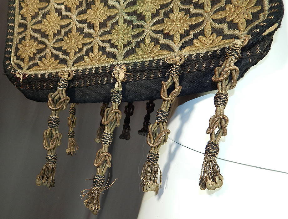 Moroccan Antique Gold Metallic Embroidered Double Saddle Messenger Bag
It is made of a black heavy cotton twill canvas fabric with gold metallic thread embroidery work and knotted gold tassel sequin ends trim hanging down from the bottom. 