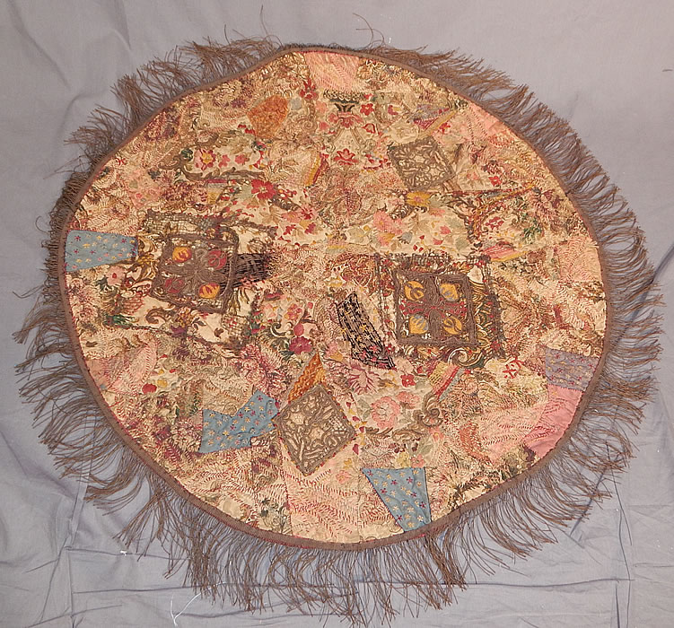 Antique 18th Century Textile Embroidered Patchwork Gold Bullion Round Tablecloth
This is truly a rare and amazing one of a kind piece of 18th century antique textile art!