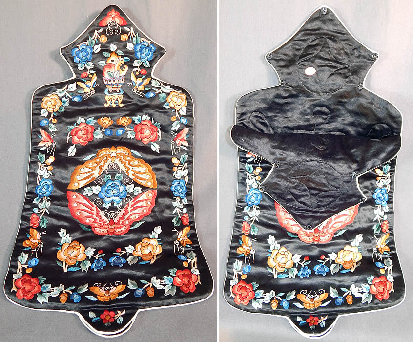 Vintage Chinese Colorful Silk Embroidered Butterfly Peony Hot Water Bottle Bag
This vintage Chinese colorful silk embroidered butterfly peony hot water bottle bag cover dates from the 1940s. It is made of a black silk satin fabric, with colorful raised padded satin stitch embroidery work of peony flowers, vase and butterflies done on both sides.