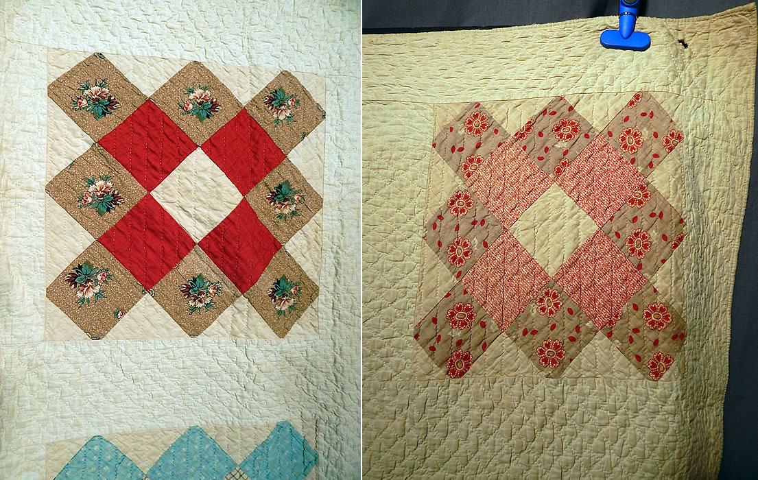 Victorian Antique Chintz Calico Cotton Fabric 12 Patch Square Block Quilt
It is in fair as-is condition, has not been cleaned and came straight out of a trunk. There are several small stains scattered about and a larger water spot stain in the upper corner, two small holes in each corner where it was perhaps hung and also a few deteriorated frayed fabric square pieces (see close-ups). This is truly a superb piece of antique textile quilting folk art! 