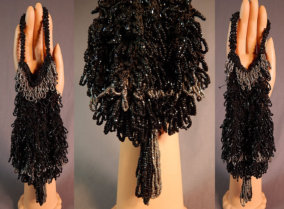 Vintage Art Deco Black Crochet Jet Silver Steel Cut Beaded Drawstring Flapper Purse
This vintage Art Deco black crochet jet, silver steel cut beaded drawstring flapper purse dates from the 1920s. It is made of a hand knit black crochet covered with black jet beads and silver steel cut beads done in a decorative looped fringe design