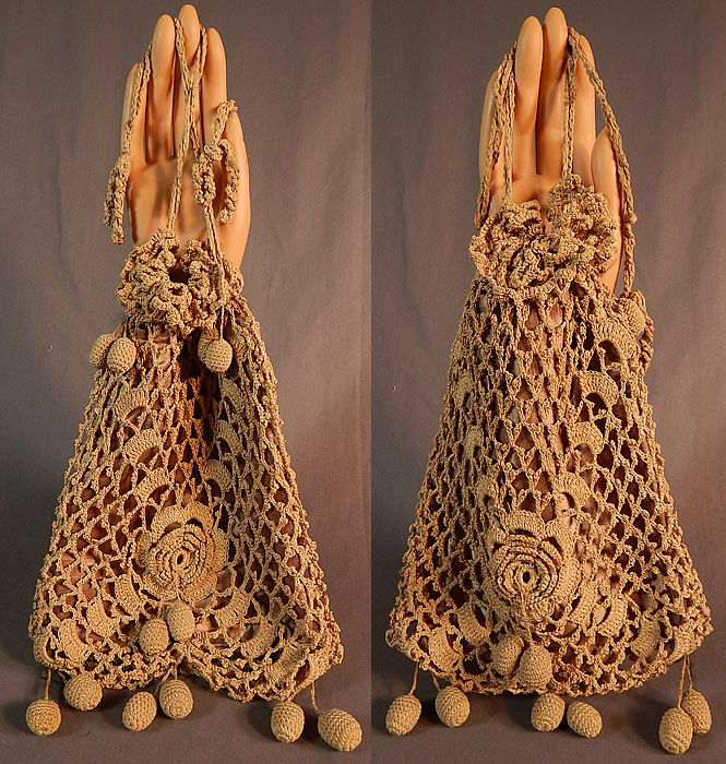 Edwardian Ecru Crochet Lace Ball Tassel Fringe Drawstring Pouch Purse Bag
It is made of a ecru cream color hand made crochet lace with a raised floral rose design in the center and crochet covered ball fringe tassel trim hanging down from the top and bottom.